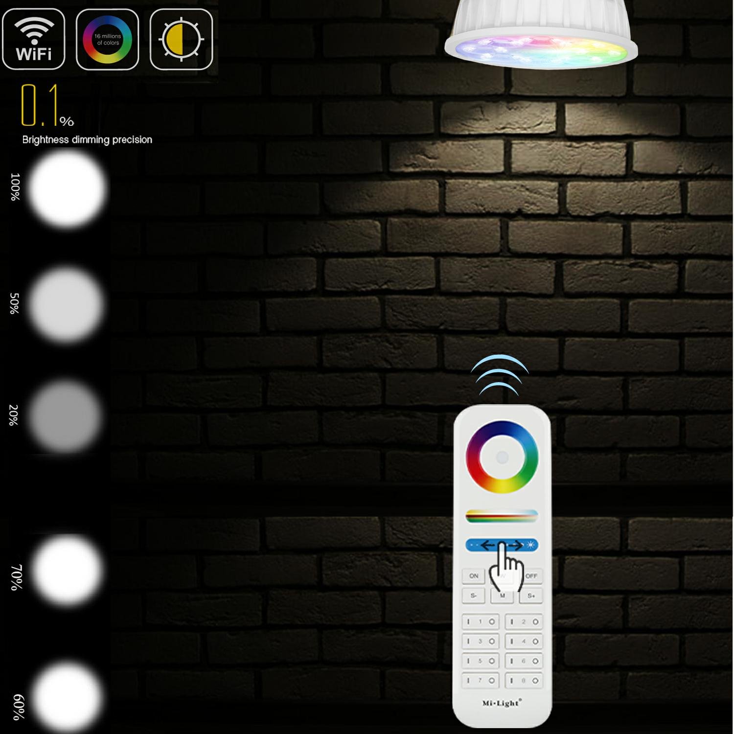 LIGHTEU, 8 x Ampoule LED colorée RGB+CCT (RGBWW) Milight original®, WiFi, 4W, GU10, blanc chaud à intensité variable, Avec Télécommande sans fil 2.4GHz RF [Classe énergétique A+]