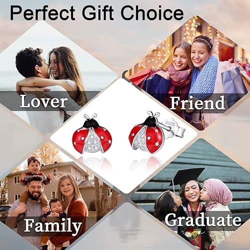 Miniatura 5 de Ladybug Studs Earrings, 925 Sterling Silver Hypoallergenic for Sentitive Ears Miraculous Beetle Earring Jewelry Mother Day for Women Girlfriend with