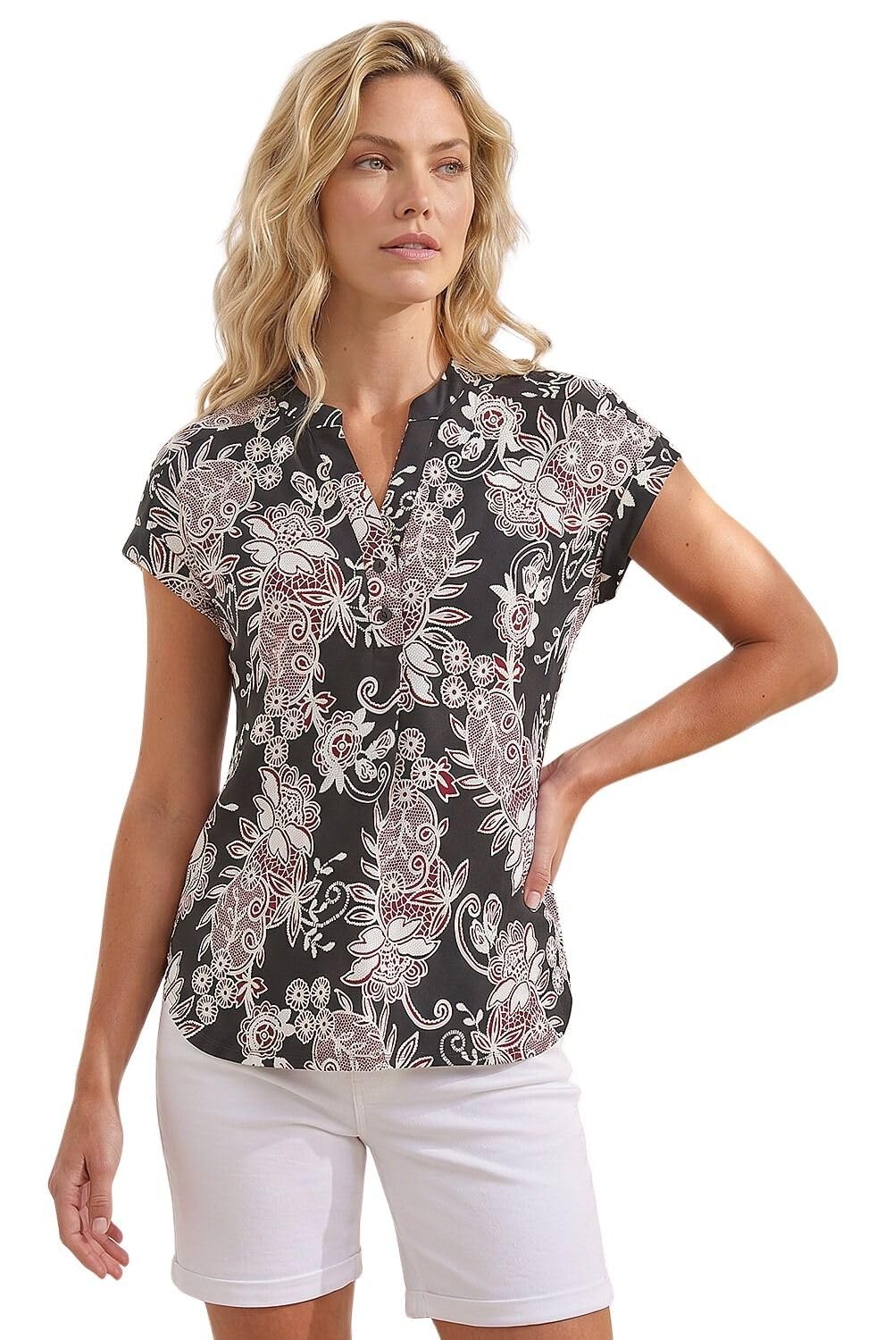 Roman Women's Floral Puff Print Lace Stretch Top in Black | Size: 10