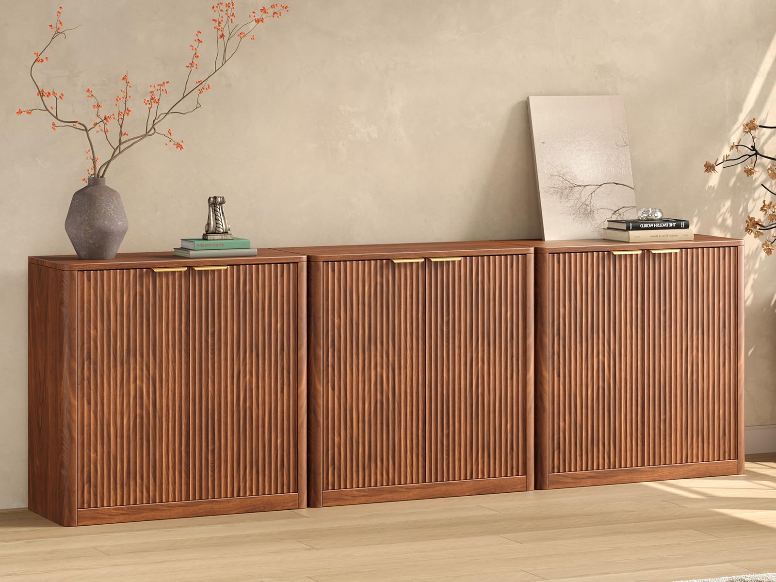 Evermagin 94.5" Walnut Buffet Cabinet with Storage, Large Sideboard Cabinet, Mid Century Modern Accent Credenza, Fluted Console Table with Doors for