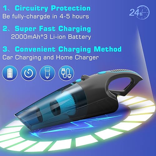 Miniatura 6 de SIYNZEM Aspiradora de mano inalámbrica mejorada de 10000 PA, aspiradora de mano con luz LED, aspiradora recargable sin cable, aspiradora de mano,