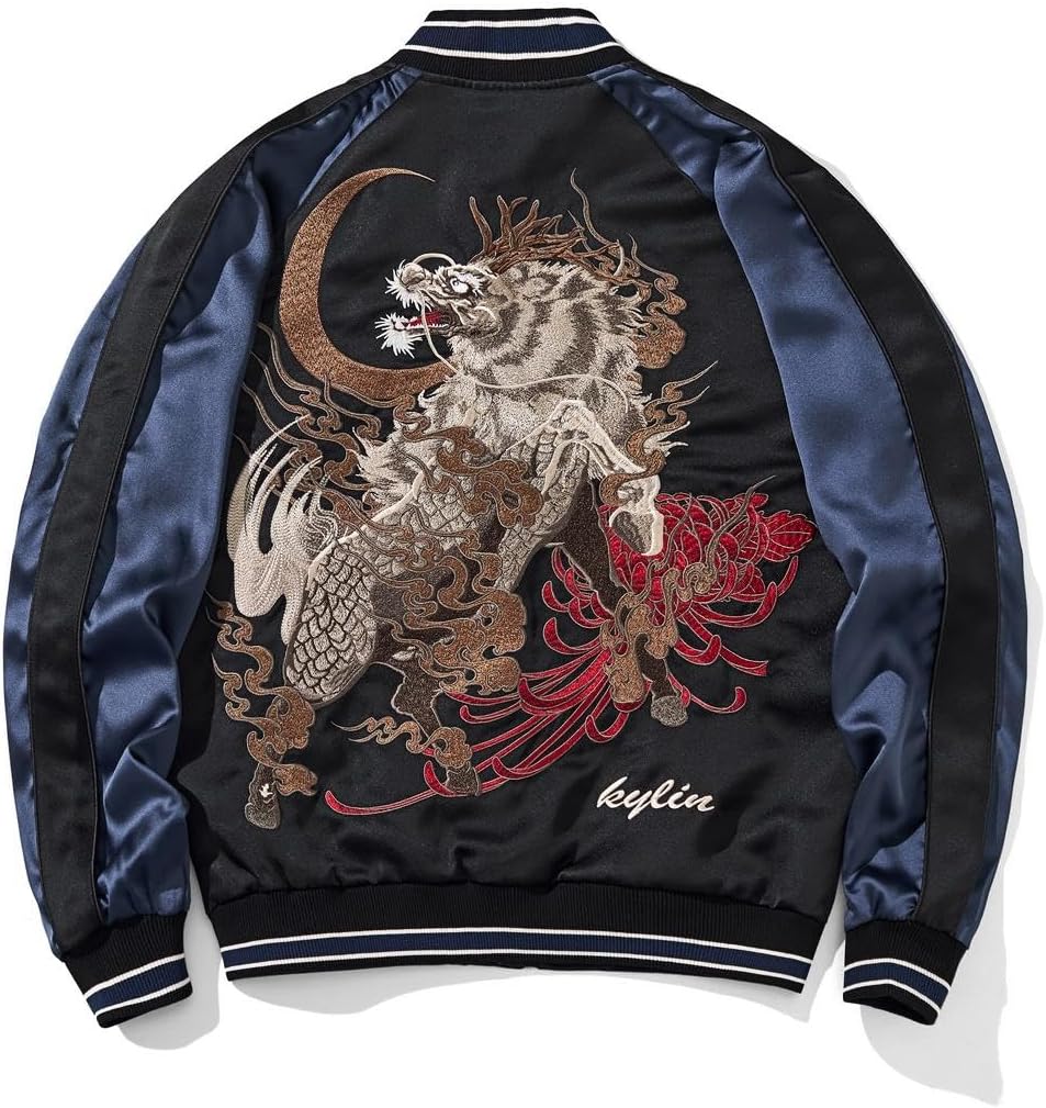 Kylin Embroidery Men's Bomber Jacket Oversized Zip Up Hip Hop Coat Vintage Japanese Style Windbreaker