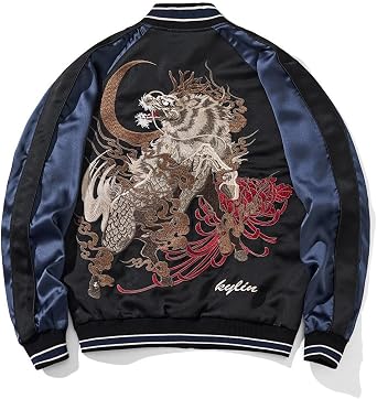 Kylin Embroidery Mens Bomber Jacket Oversized Zip Up Hip Hop Coat Vintage Japanese Style Windbreaker