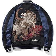 Kylin Embroidery Mens Bomber Jacket Oversized Zip Up Hip Hop Coat Vintage Japanese Style Windbreaker
