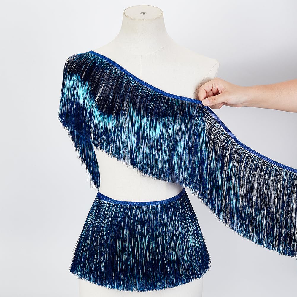 MAYJOYDIY 10Yards × 8Inch Blue Wide Metallic Fringe Trim, Shiny Tinsel Fringe Tinsel Trim Tassel Polyester Ribbon Trim for Dance Costume Dress Stage Clothes Party Decor DIY