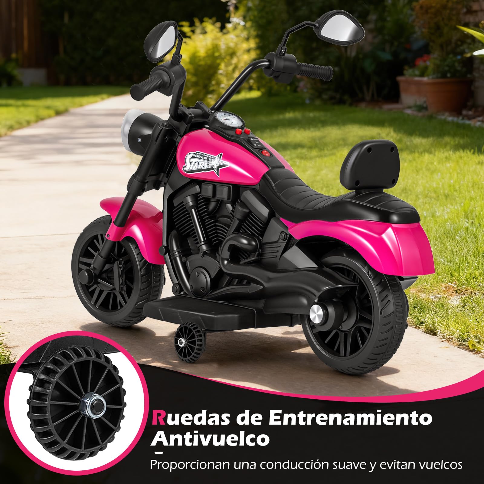 COSTWAY Moto Eléctrica para Niños, 6V Motocicleta de Batería con Faro LED, Música, 2 Ruedas de Entrenamiento, Pedales y 2 Espejos Retrovisores, Moto Infantil para Niños de 18+ Meses (Rosa)