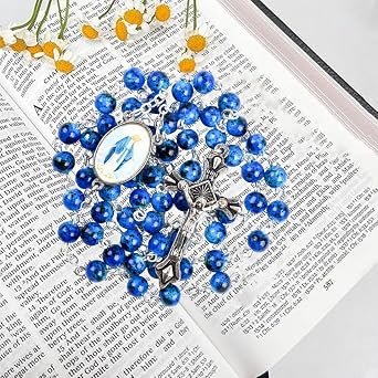 Amethyst Catholic Rosary Necklace 6mm Purple Pearl Beads Rose Flower Cross Religious Necklace (Sapphire Blue)