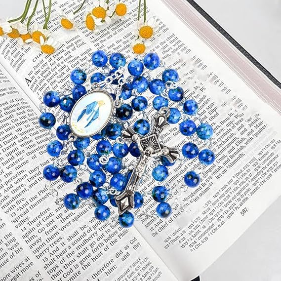 Amethyst Catholic Rosary Necklace 6mm Purple Pearl Beads Rose Flower Cross Religious Necklace (Sapphire Blue)