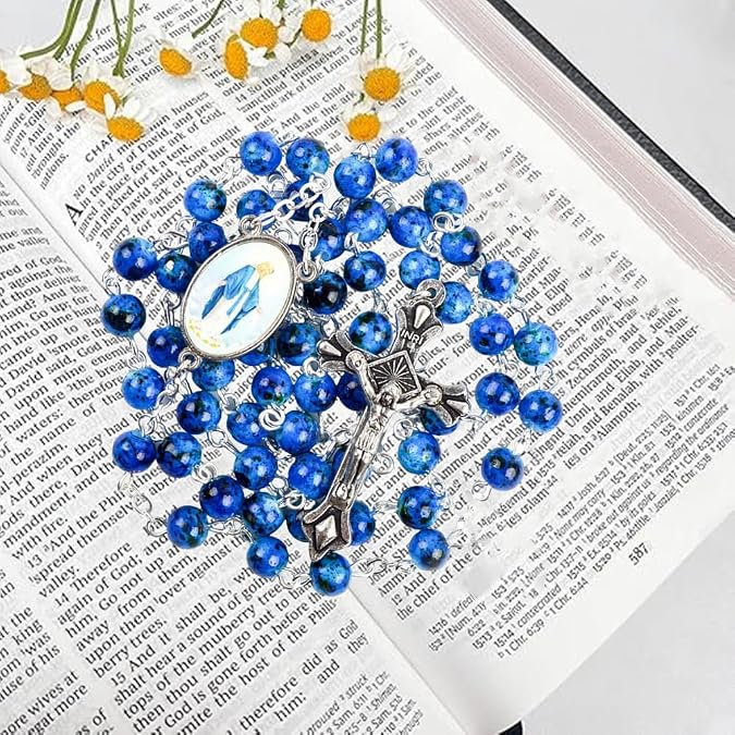 Catholic Rosary Necklace, 6mm Pearl Beads Cross Religious Prayer Jewellery