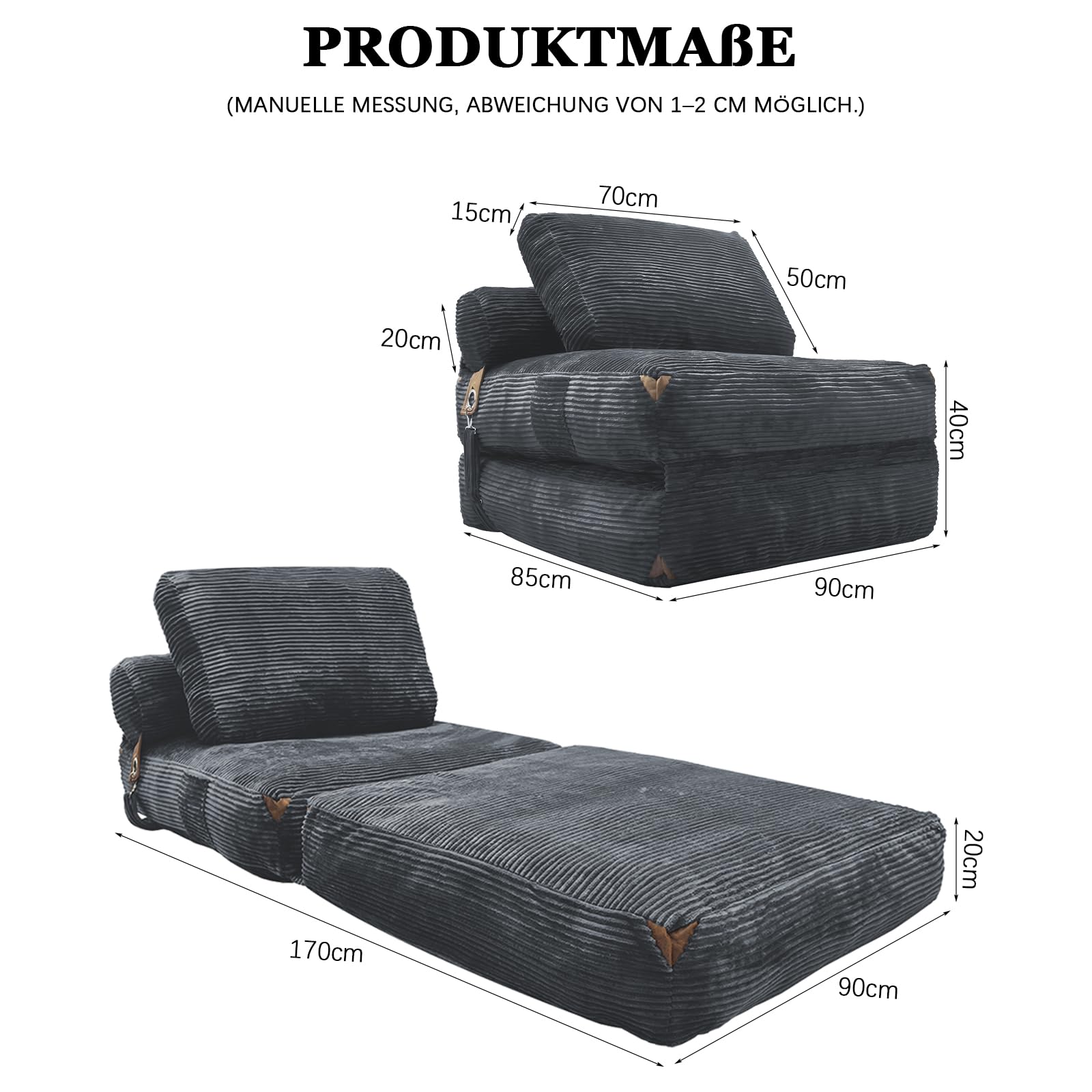 combet Klappbares Schlafsofa mit Schlaffunktion, umwandelbares Schlafsofa mit Kissen und Matratze, tragbares Bodensofa, Gästebett, Liegesessel für Wohnzimmer und Schlafzimmer,170 x 85 cm,Dunkelgrau