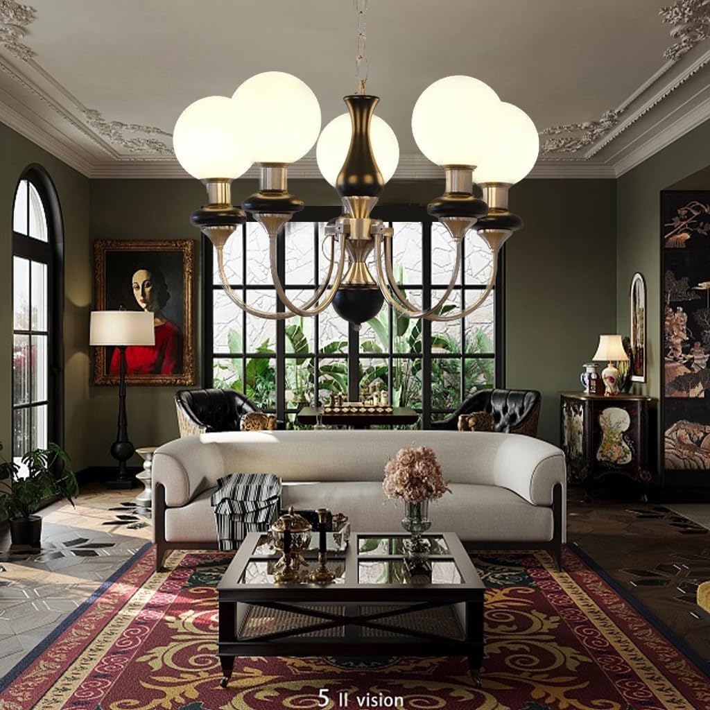 Lampe Suspendue Moderne Anti-Éblouissement à 3 Globes en Verre Blanc, Lustre Plafond Salon Bois