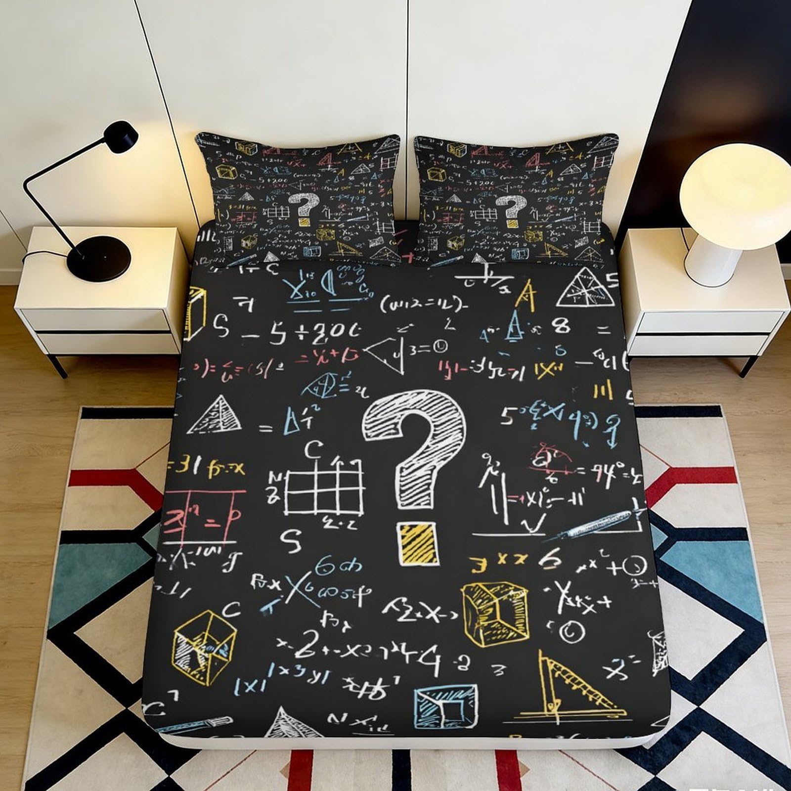 3D Printed Math Formula Fitted Sheet Microfiber Geometric Chalkboard Bed Cover for Bedroom Dorm Decor Protection 90x200x25cm