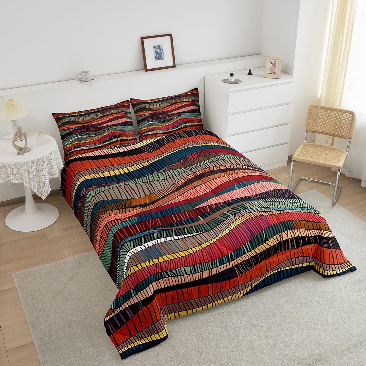 Erosebridal Boho Comforter Set Queen Geometric Wavy Bedding for Kids Bohemian Print Embroidery Waves Bedding Comforter Sets Embroidered Tribal Ethnic Room Decor Colorful Abstract Duvet Insert