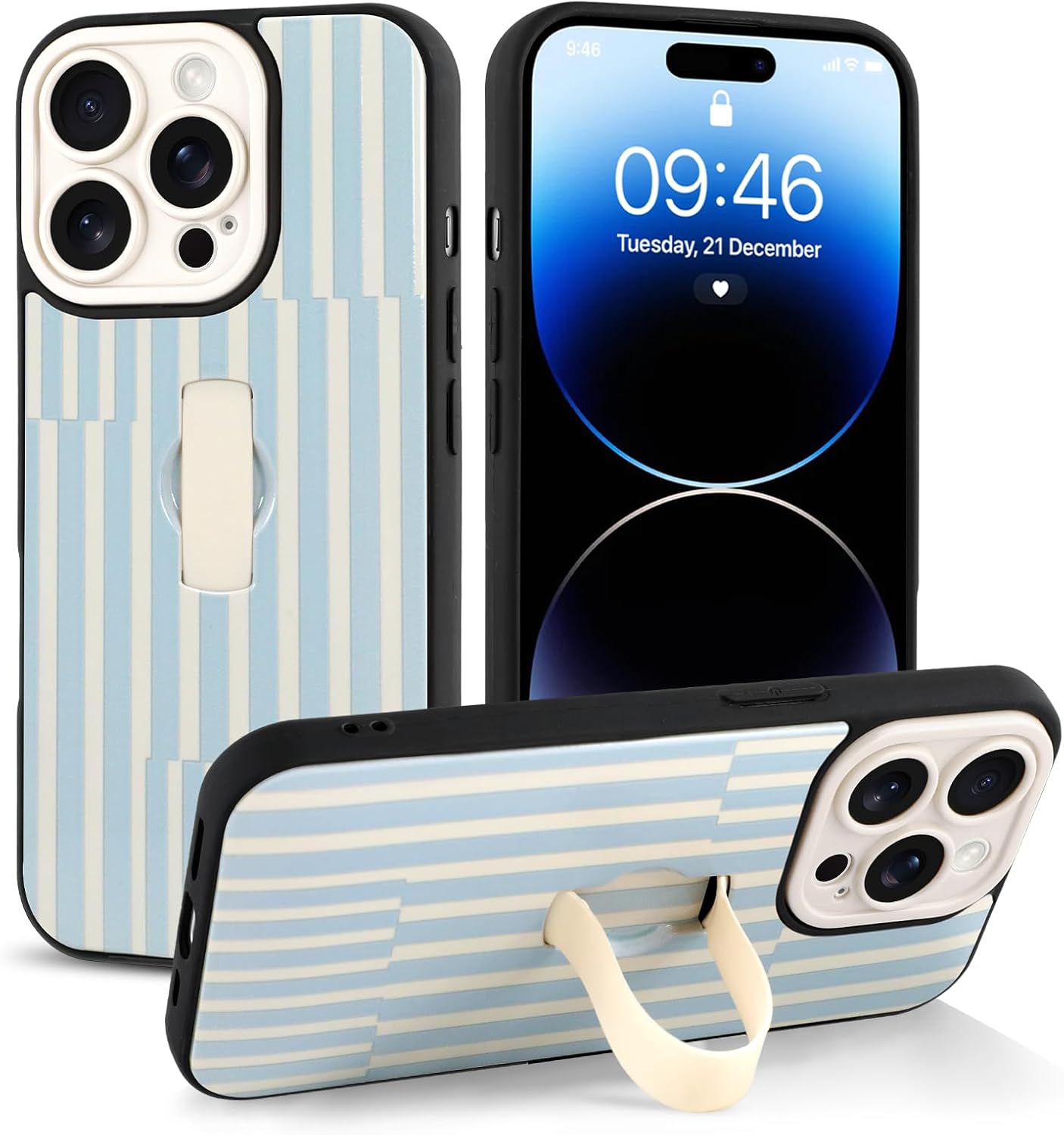 Compatible with iPhone 14 Pro Max Case with Finger Hand Strap Kickstand, Trendy Striped Phone Case for Women Men, Full Camera Protection Shockproof Protective Cover, White and Blue Stripes