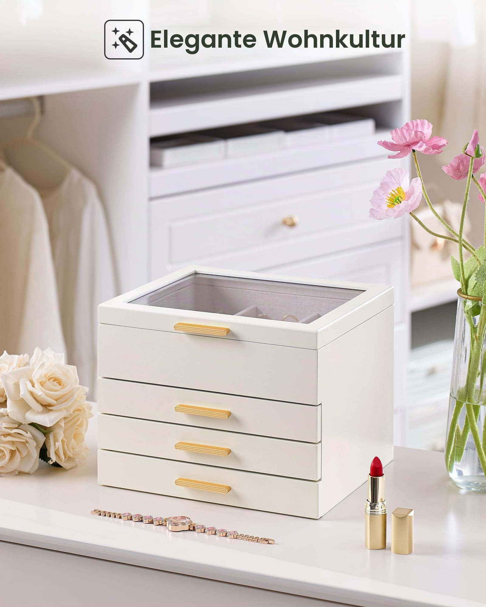 Lolalet Holzmaserung Schmuckkästchen, Groß Schmuckaufbewahrung mit durchsichtige Fenster, Schmuckschatulle Schmuckbox für Ohrringe Armbänder Halsketten Ringe –Beige, 4 Ebenen