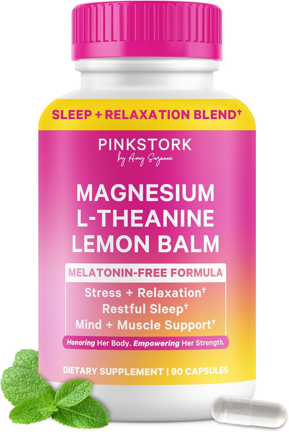 Pink Stork Magnesium Glycinate, L-Theanine, Lemon Balm - Melatonin-Free Magnesium for Sleep Support - Natural Calm and Relaxation - 90 Capsules