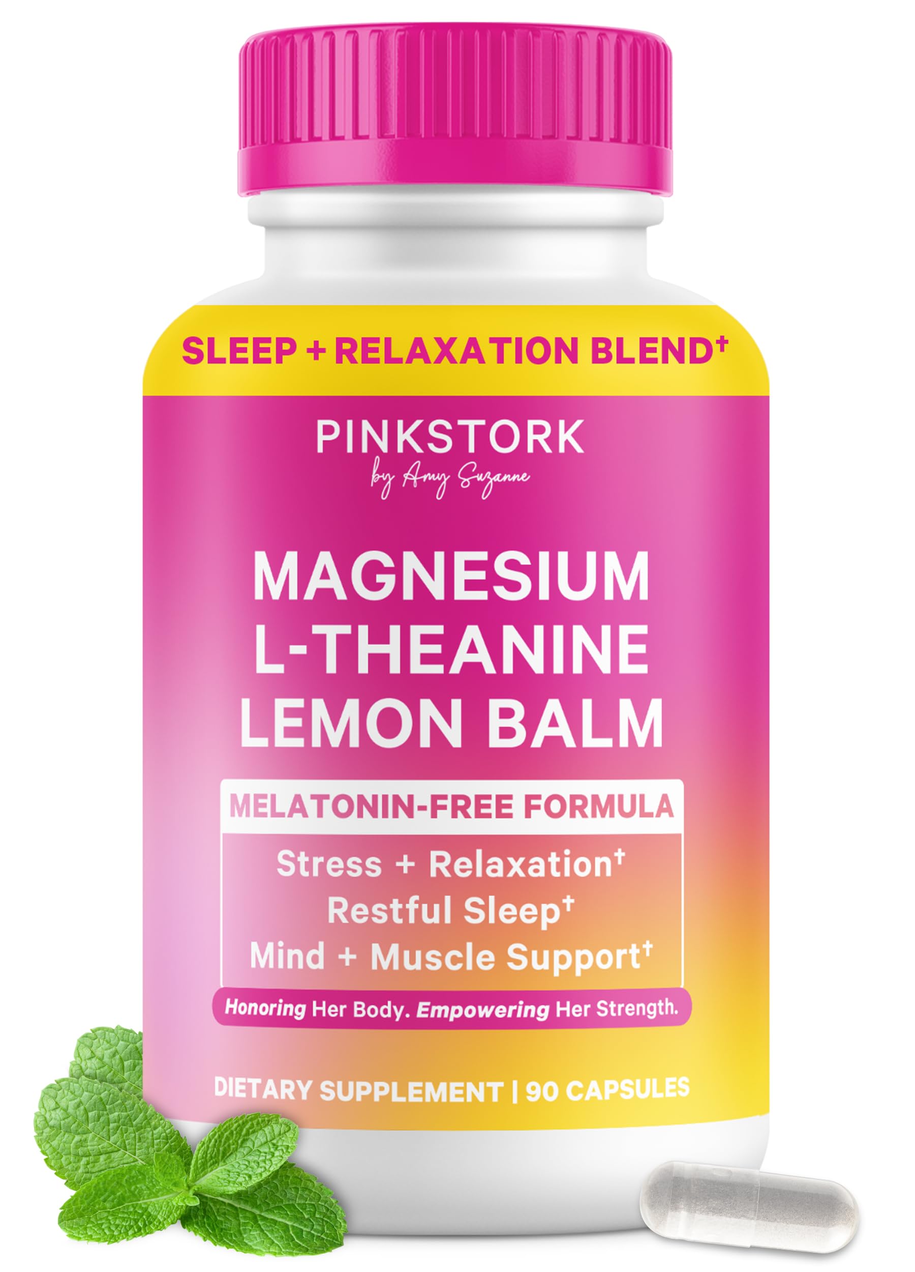 Pink Stork Magnesium Glycinate, L-Theanine, Lemon Balm, 90 Capsules