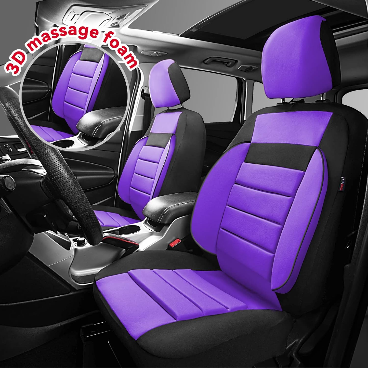 CAR PASS 6PCS 3D Foam Cushion Back Support Universal Fit Elegance Two Front Car Seat Covers,for Automotive SUV,Van,saden,Trucks Airbag Compatible(Black and Purple) Women Comfortable “Cute Girly