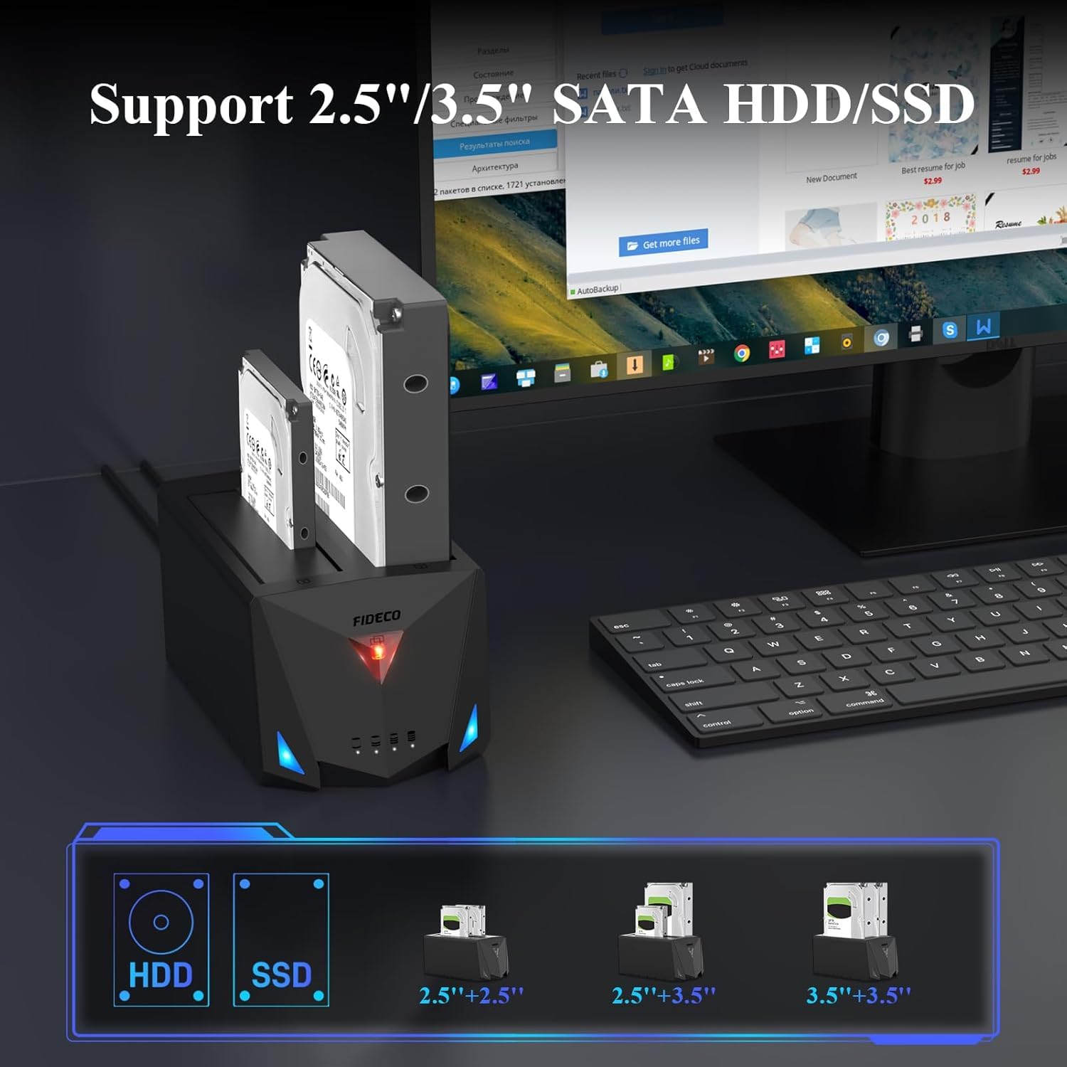 FIDECO Station d'accueil pour Disque Dur, USB 3.2 Gen 1 HDD Docking Station 2,5"/3,5" SATA HDD SSD avec câble USB A vers C et câble USB C vers C, Prend en Charge Clone Hors Ligne et UASP
