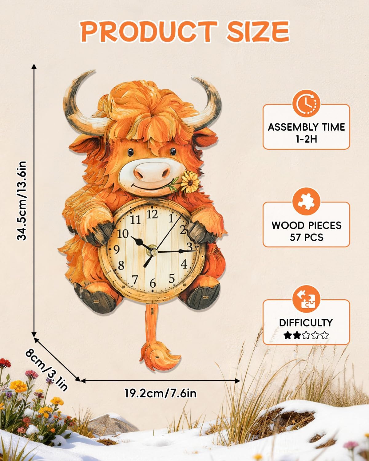 3D Puzzles for Adults, Highland Cow Clock Kit with Pendulum, 3D Wooden Puzzles Model Kit Home Decor DIY Wall Clock Birthday Christmas Easter Day Gifts for DIY Lovers