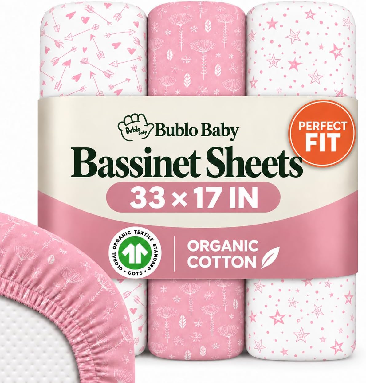 Organic Bassinet Sheets 3 Pack, 33x17 Fitted Sheet for Boys & Girls, Soft 100% Jersey Cotton, Universal Fit for Halo Bassinest, Baby Delight, Graco, Oval & Rectangle Mattress