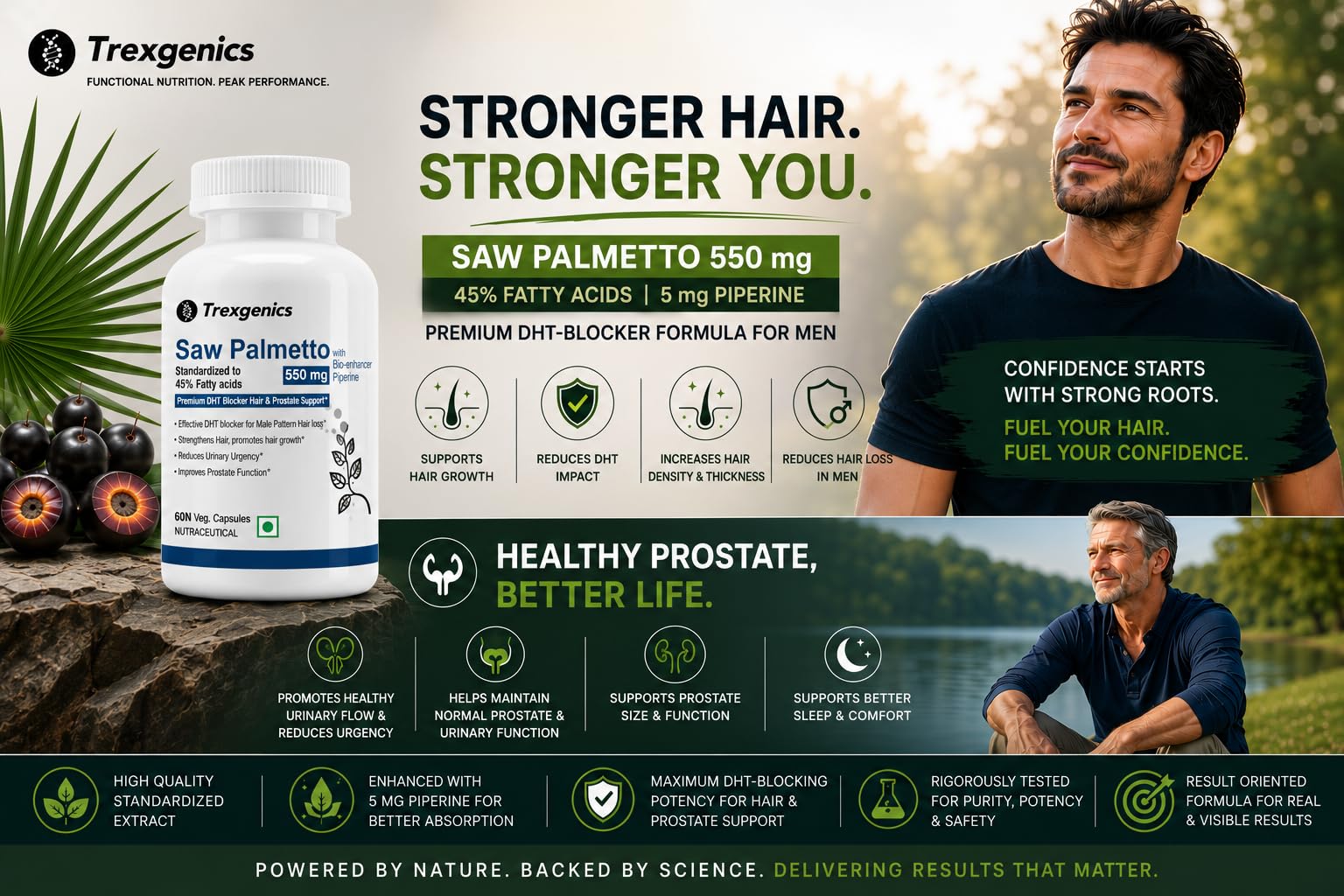 Trexgenics SAW PALMETTO Advanced - High Strength 45% Complex 550 mg with Bio-enhancer Piperine - Hair DHT Blocker & Prostate Support (60 Veg. Capsules) (1) — Amazon image 8