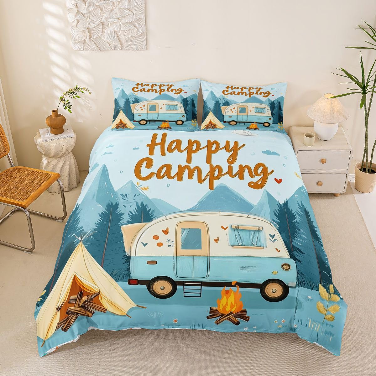 Homemissing Happy Camping Duvet Cover Single Size Camper Comforter Cover for Boys Girls Adventure Campfire Bedding Set 2Pcs Cartoon Camping Car Room Decor Breathable Soft Lightweight (NO COMFORTER)