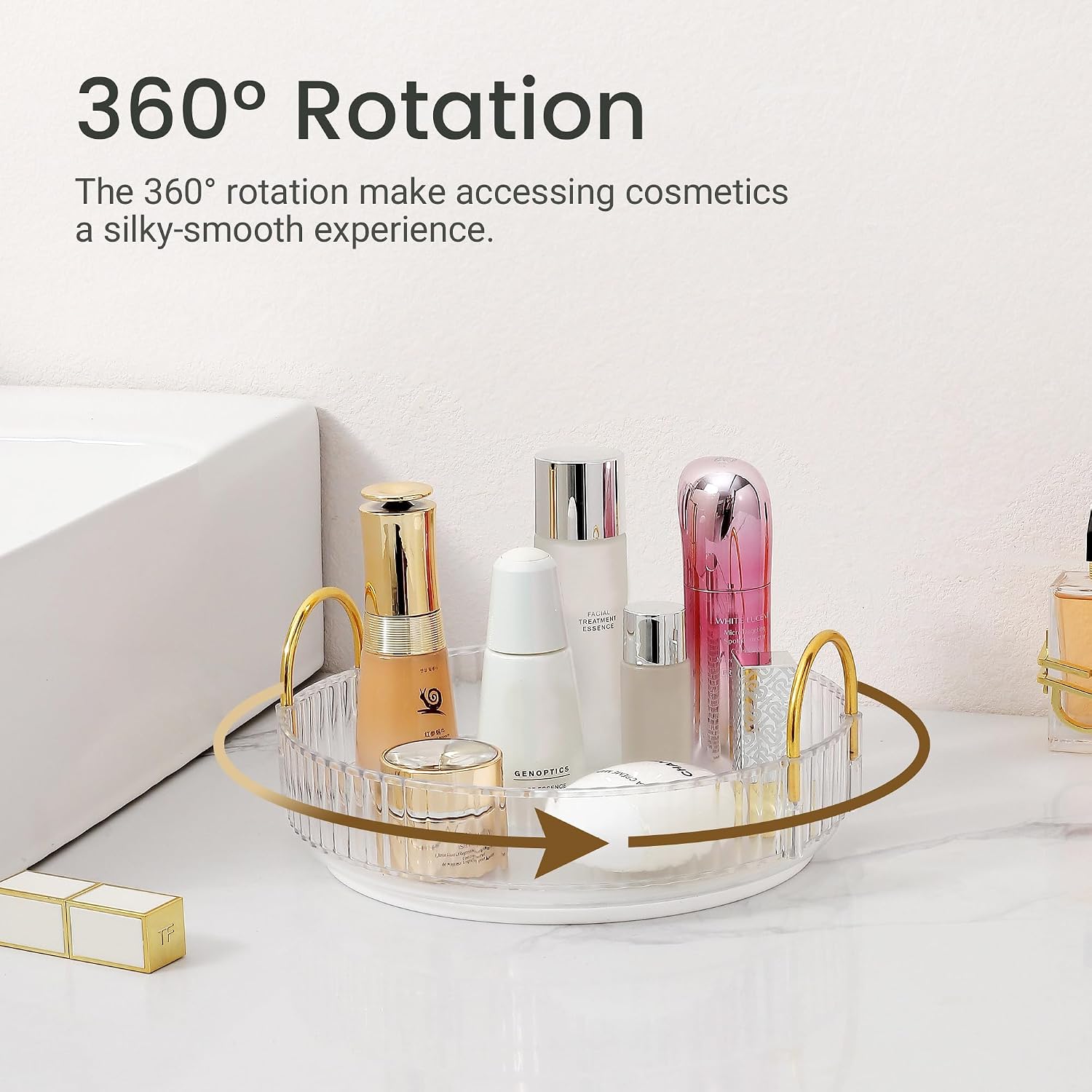 Aveniee Rotating Makeup Organizer for Vanity, Large Perfume Skincare Organizers for Bathroom Counter, Cosmetic Dresser Storage Display Case Holder 360 Spinning,Pearl White