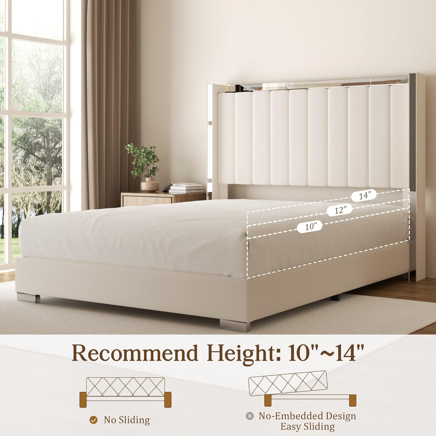 Queen Bed Frame with 58" High Headboard, Chenille Platform Bed Frame with Comfortable Upholstered Headboard, Mattress Foundation, No Box Spring Required, Cream