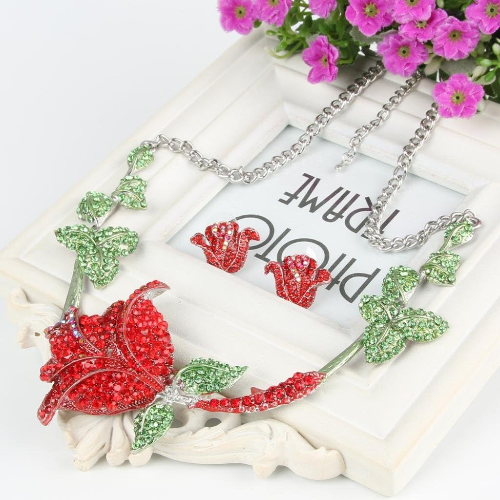 EVER FAITH Austrian Crystal Rose Flower Leaf Necklace Stud Earrings Set Silver-Tone