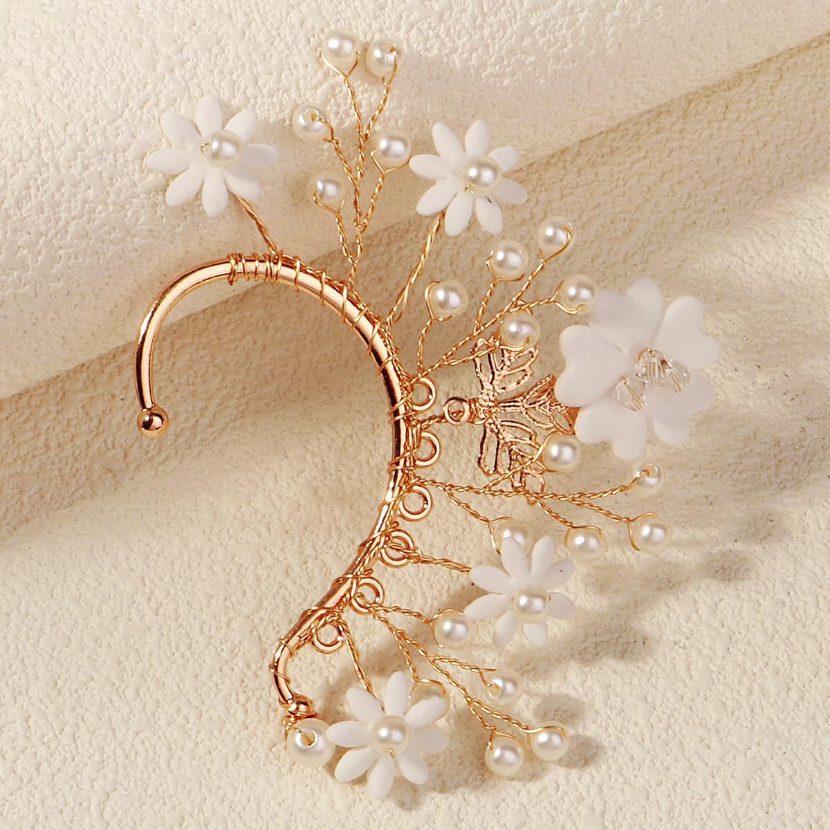 Golden Elf Leaf Flower Ear Hanging Ear Bone Clip Left Single Earring No Piercing Prom Bride Wedding Jewelry for Women