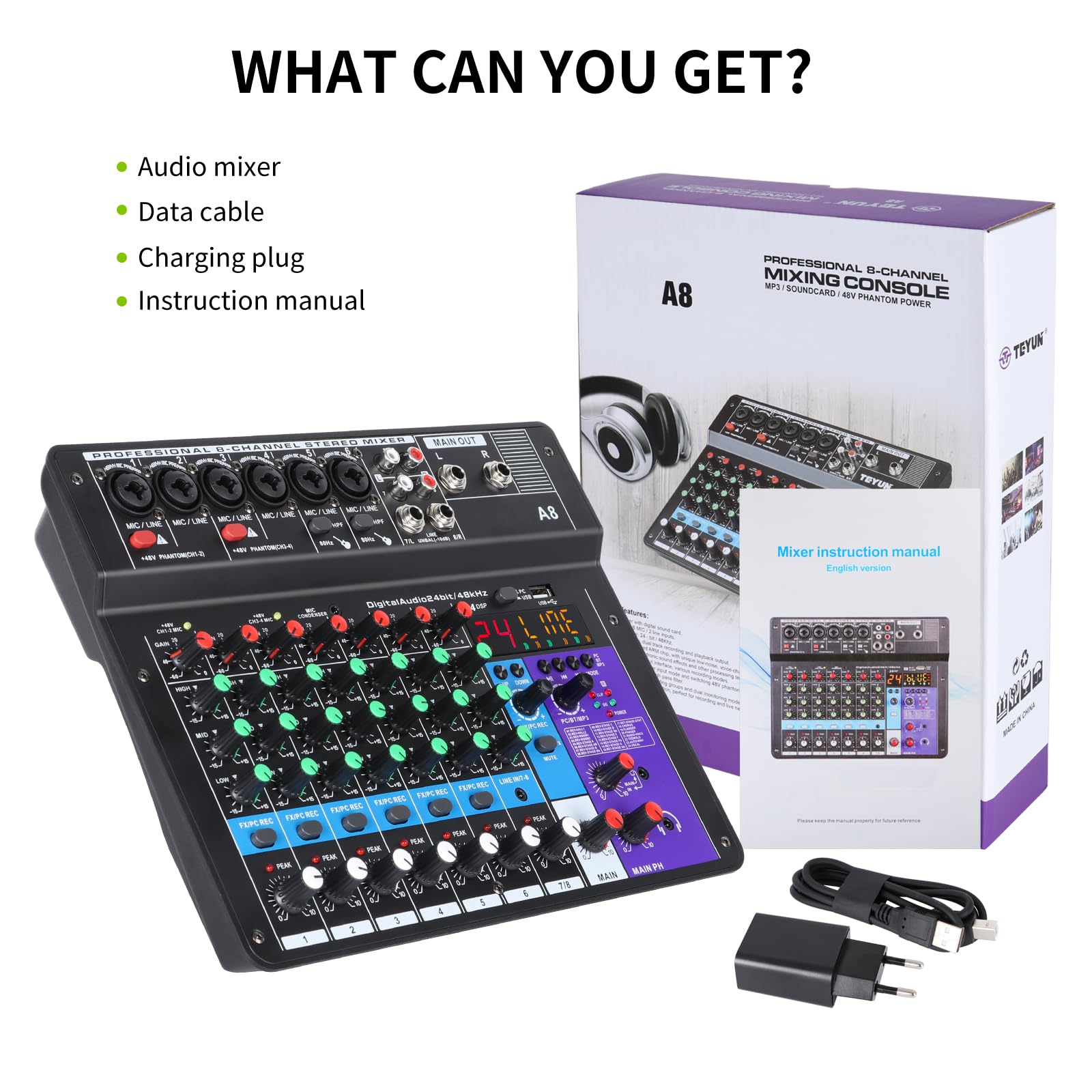XTUGA A8 Audio-Mischpult, 8 Kanäle, mit USB-Mischpult, Bluetooth-Audio-Mixer und 48 V Phantomspeisung, Rückschleifenfunktion, ideal für Shows und Meetings