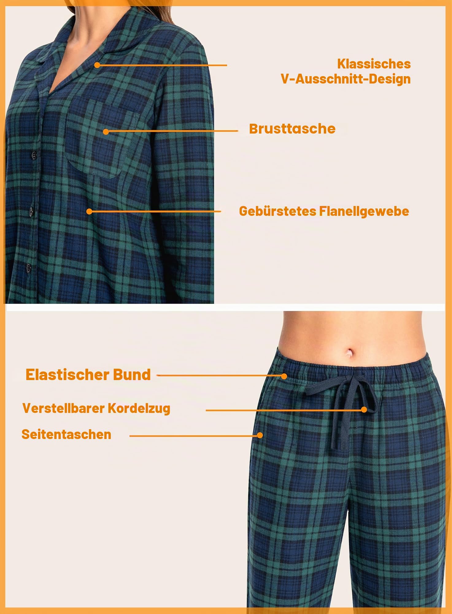Nutria Schlafanzug Damen 100% Baumwolle Flanell Pyjama Set Langarm Oberteil mit Offenem Kragen Knöpfe Lang Unterteil Winter Nachtwäsche Loungewear V-Ausschnitt Shirt und Hose D06