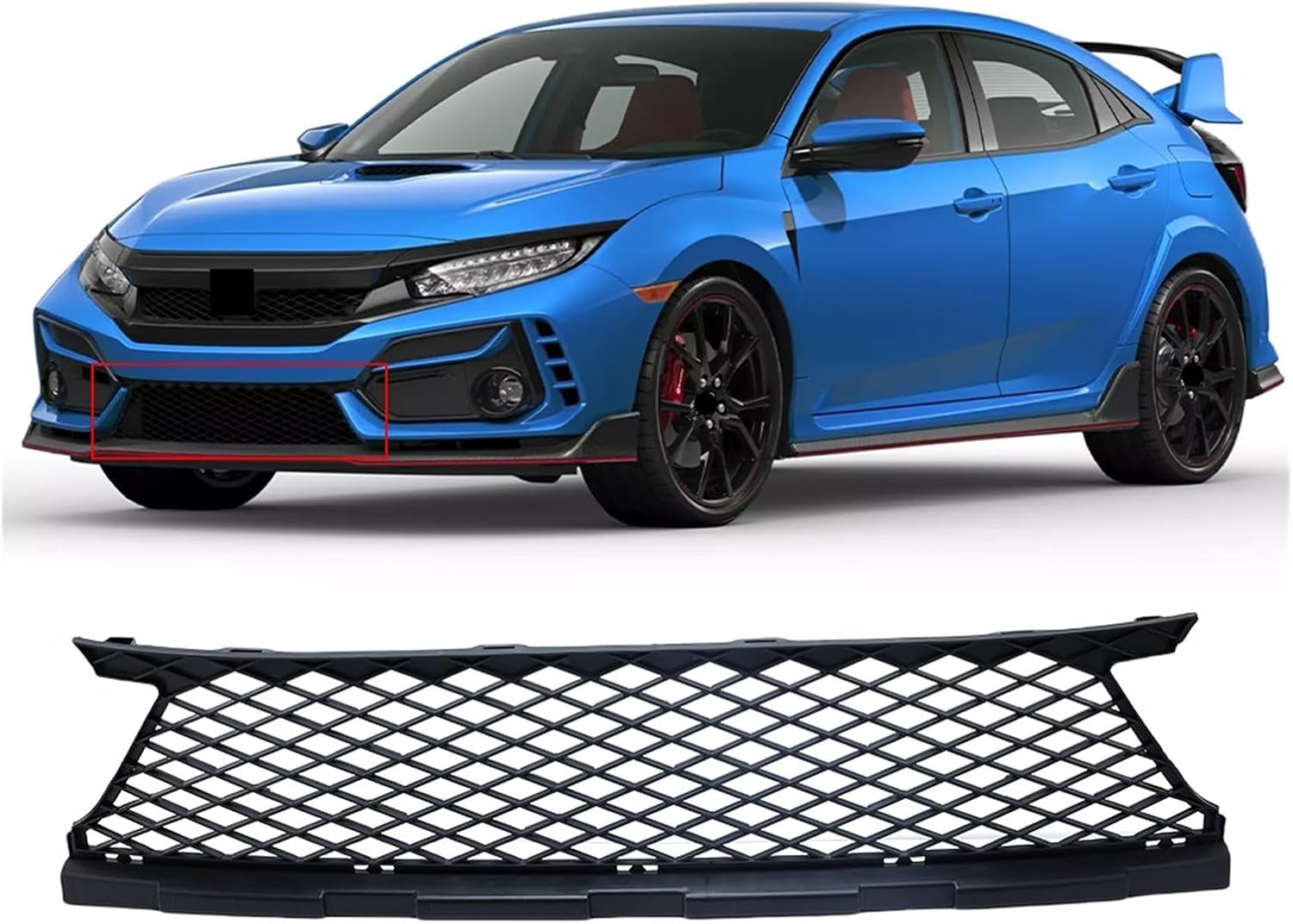 Front Lower Mesh Grille Grill Cover Compatible For Honda Civic Type-R 2016 2017 2018 2019 2020 2021 ABS Replacement Black Racing Grills