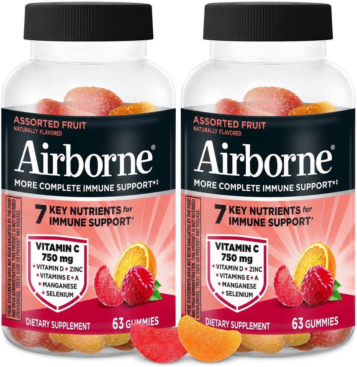 Airborne 750mg Vitamin C Gummies for Adults, Immune Support Supplement with Powerful Antioxidants Vitamins A C & E - 2x63ct Bottles (126 Gummies), Assorted Fruit Flavor