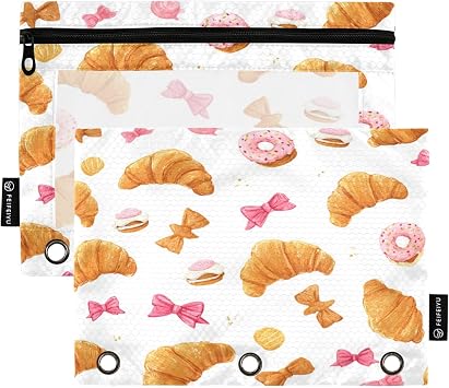 Cute Croissants Bread 7 Pencil Pouch for 3 Ring Binder 2 Pack Binder Pouches Clear Window Zipper Pencil Case Cosmetic Bags Organizer College for Kids School Office