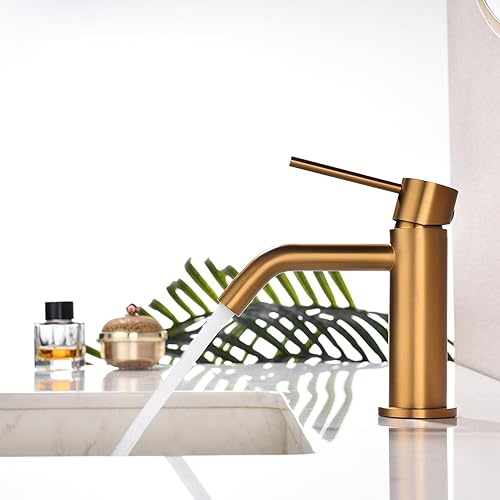 Miniatura 4 de JXMMP Grifo de baño de latón cepillado, grifo de lavabo de baño de latón de una sola manija de acero inoxidable, 1 orificio con montaje de drenaje