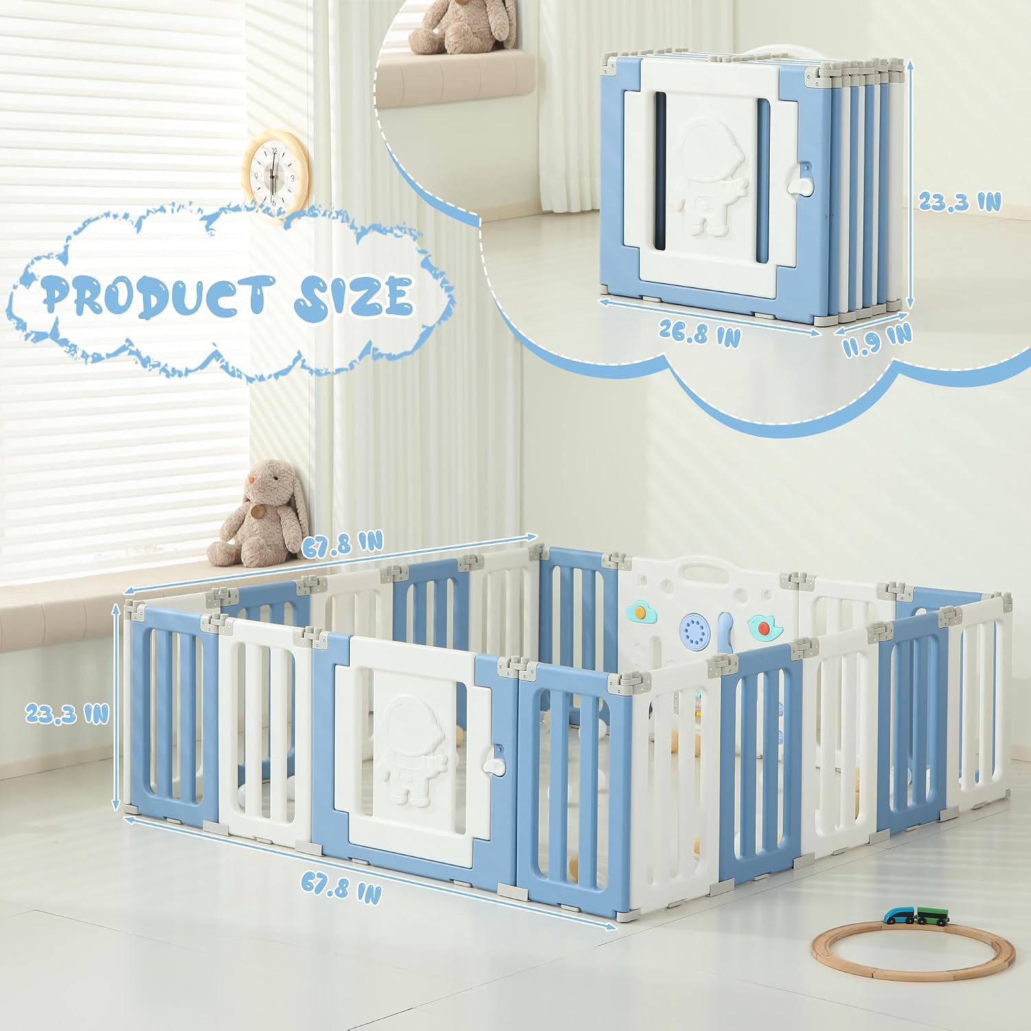 18 Panels Baby Play Pen, Extra Large Baby Playpen, Foldable Astronauts Play Pens for Babies and Toddlers, Adjustable Portable Fence Gate Playpen Yard, Blue