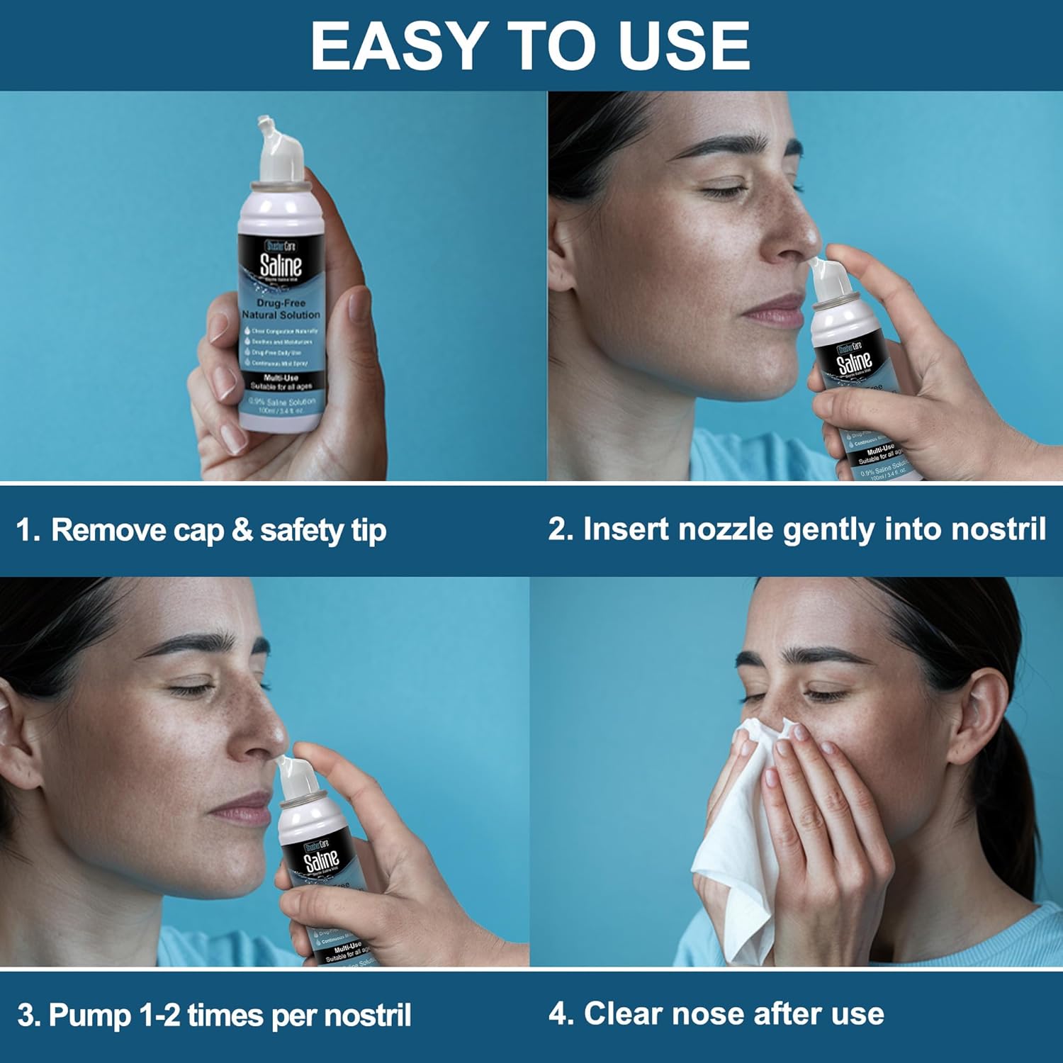 Shusher Care Saline Spray for Nose - Nasal Spray Saline Solution for Newborn, Baby & Adults, Salt Water Decongestant Mist for Stuffy Nose, Travel Friendly, Natural, 0.9% Saline - 100 ml (Pack of 3)