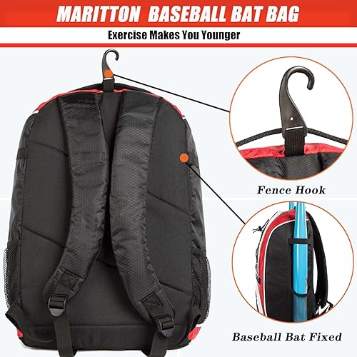 Miniatura 4 de MARITTON Bolsa de béisbol  Mochila de bate para béisbol, equipo de T-Ball y sóftbol para jóvenes y adultos con compartimento para zapatos y soporte