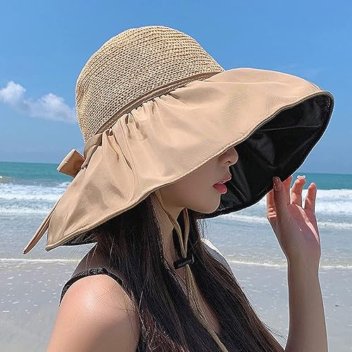 Miniatura 3 de Sombreros de playa para mujer, sombrero de paja grande de ala ancha, sombrero de verano flexible, plegable, sombrero de sol UPF 50+