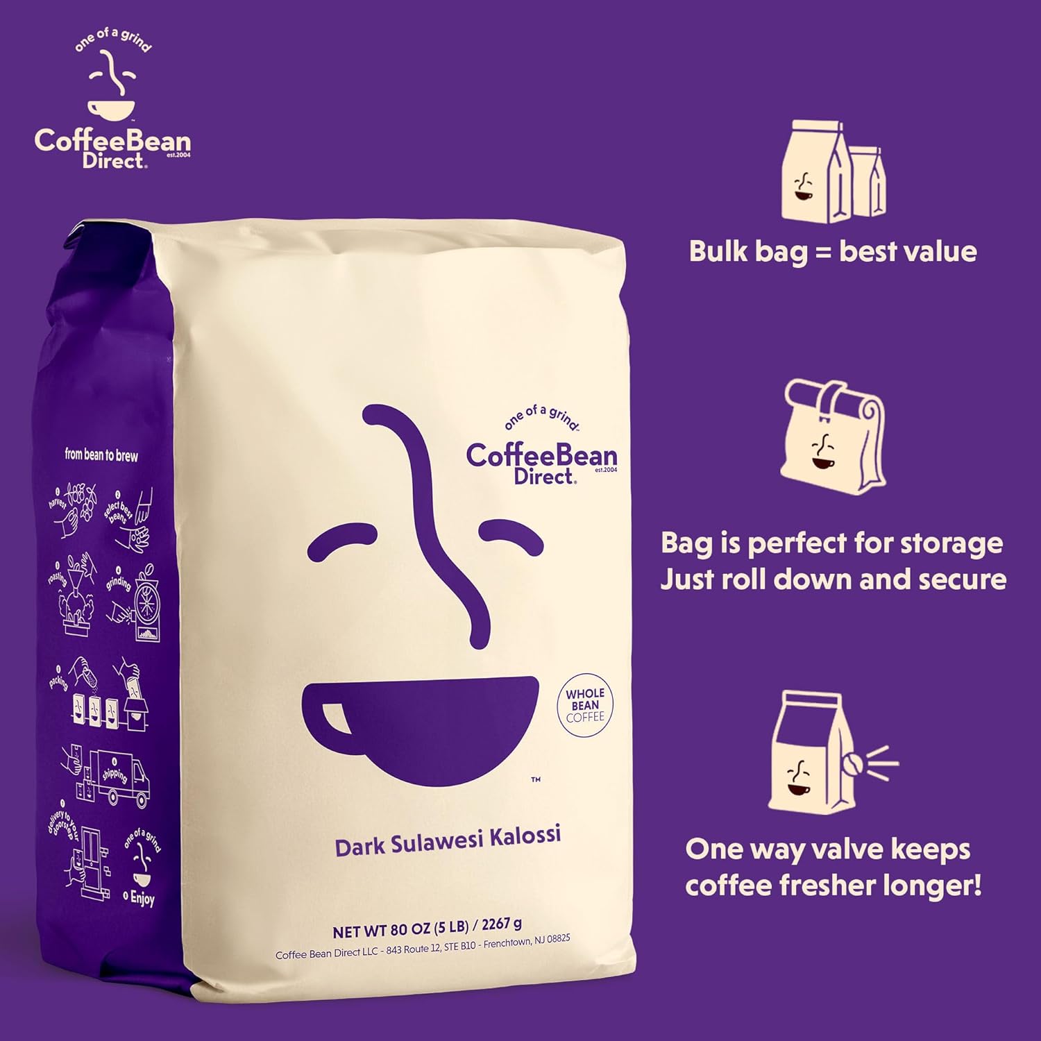 Coffee Bean Direct Dark Sulawesi Kalossi, Whole Bean Coffee, Arabica Coffee, Dark Roast, 5 Pound Bag (Pack of 1)
