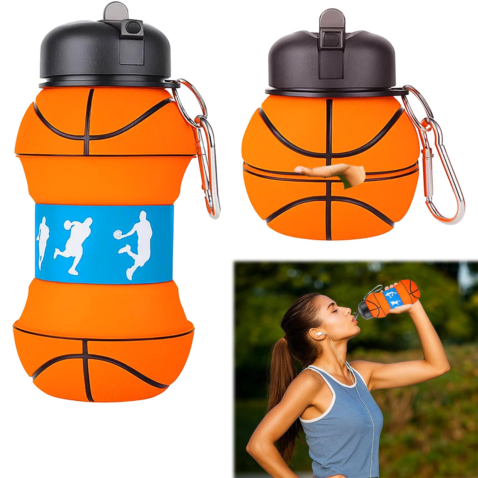 Botella de Agua Plegable de Baloncesto - Botella de Silicona sin BPA, 550ml, Ideal para Deporte y Viaje, Diseño Compacto y Reutilizable (Naranja)