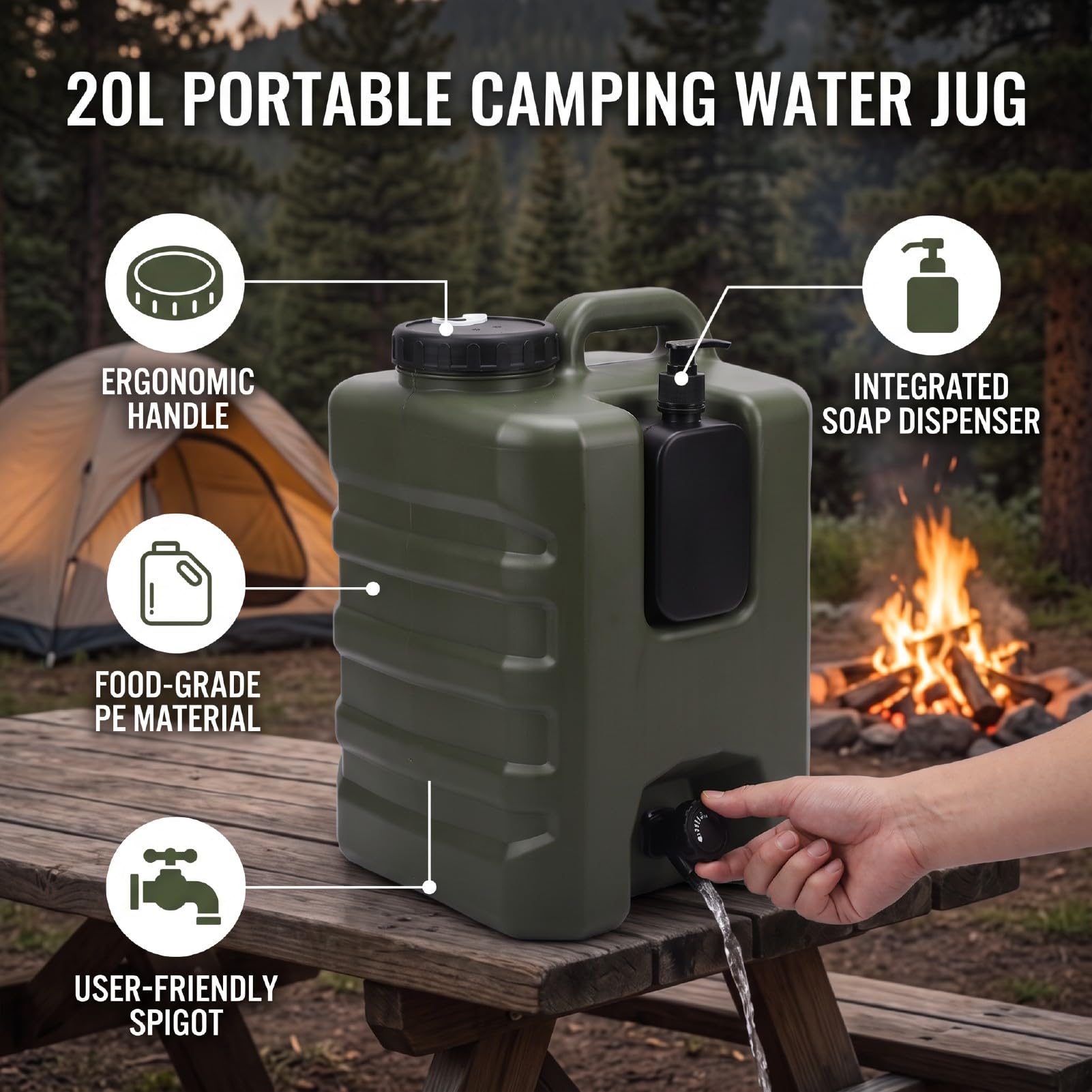 Camping Zbiornik na Wodę z Ergonomicznym Uchwytem, Pojemność 20L