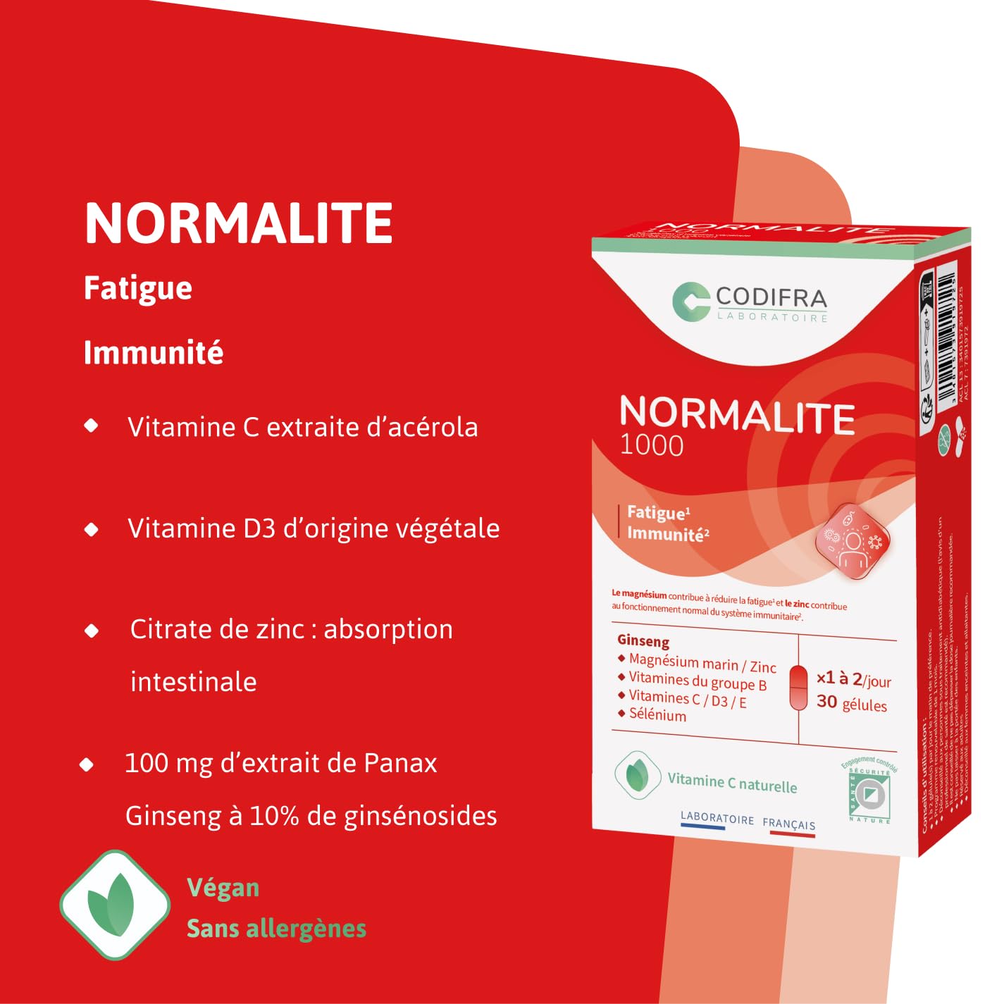 CODIFRA | Normalite 1000, Complément Alimentaire Fatigue, Immunité | Boost Naturel | Panax Ginseng, Magnésium, Vitamines | Fabrication Française | Origine Végétale | Lot de 2x 30 Gélules