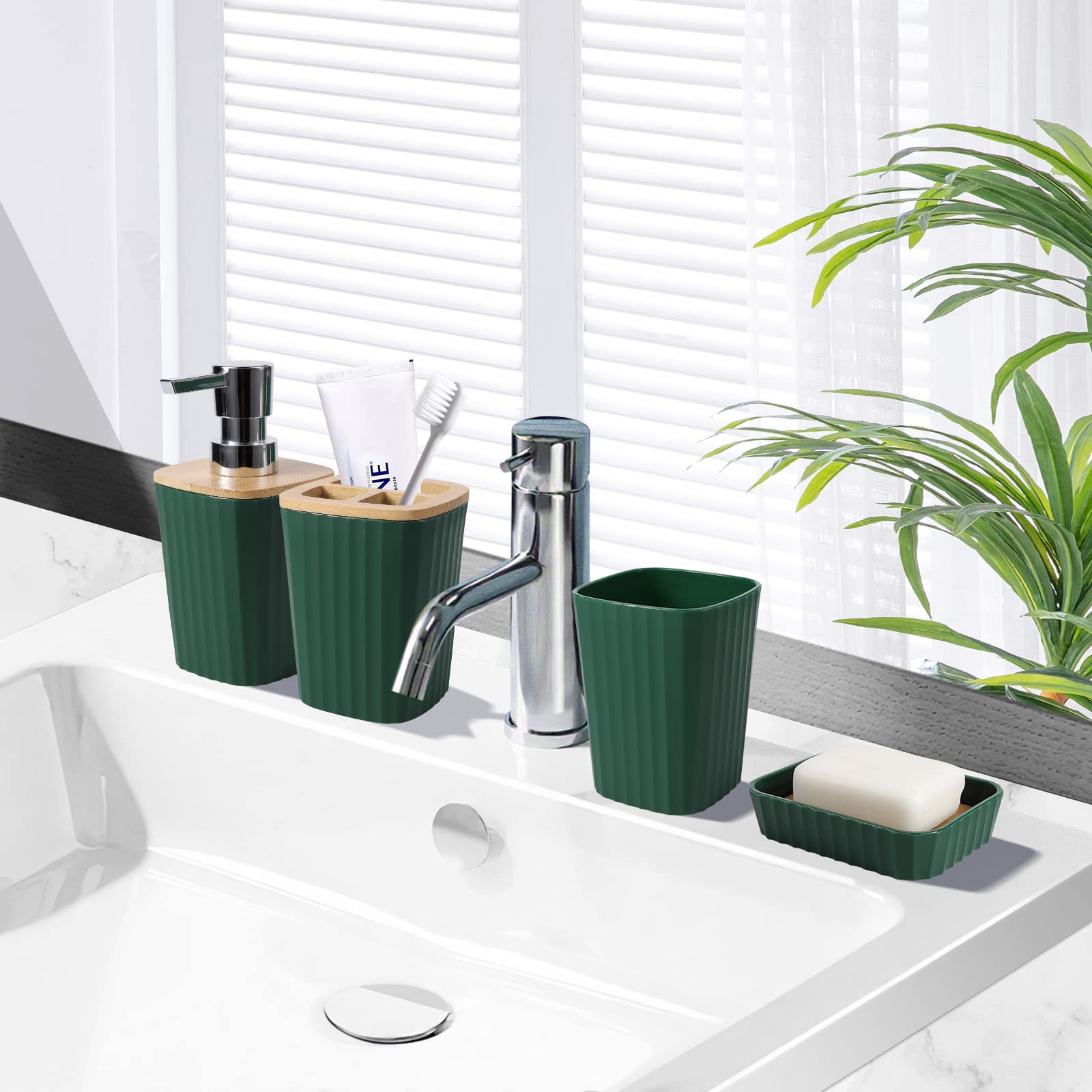 Set Accessori Bagno Verde Scuro 9 Pezzi – Con Cestino, Dispenser, Portaspazzolini, Portasapone E Scopino WC