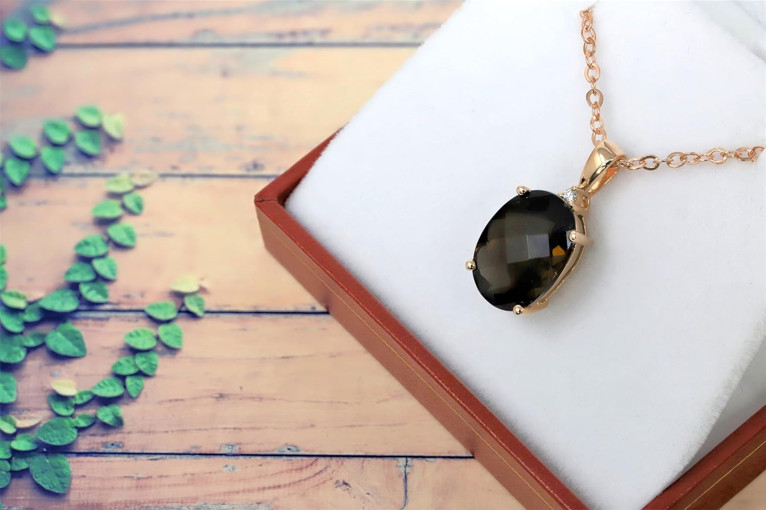 14K Rose Gold Genuine Smoky Quartz Oval Diamond Pendant Necklace - Image 4