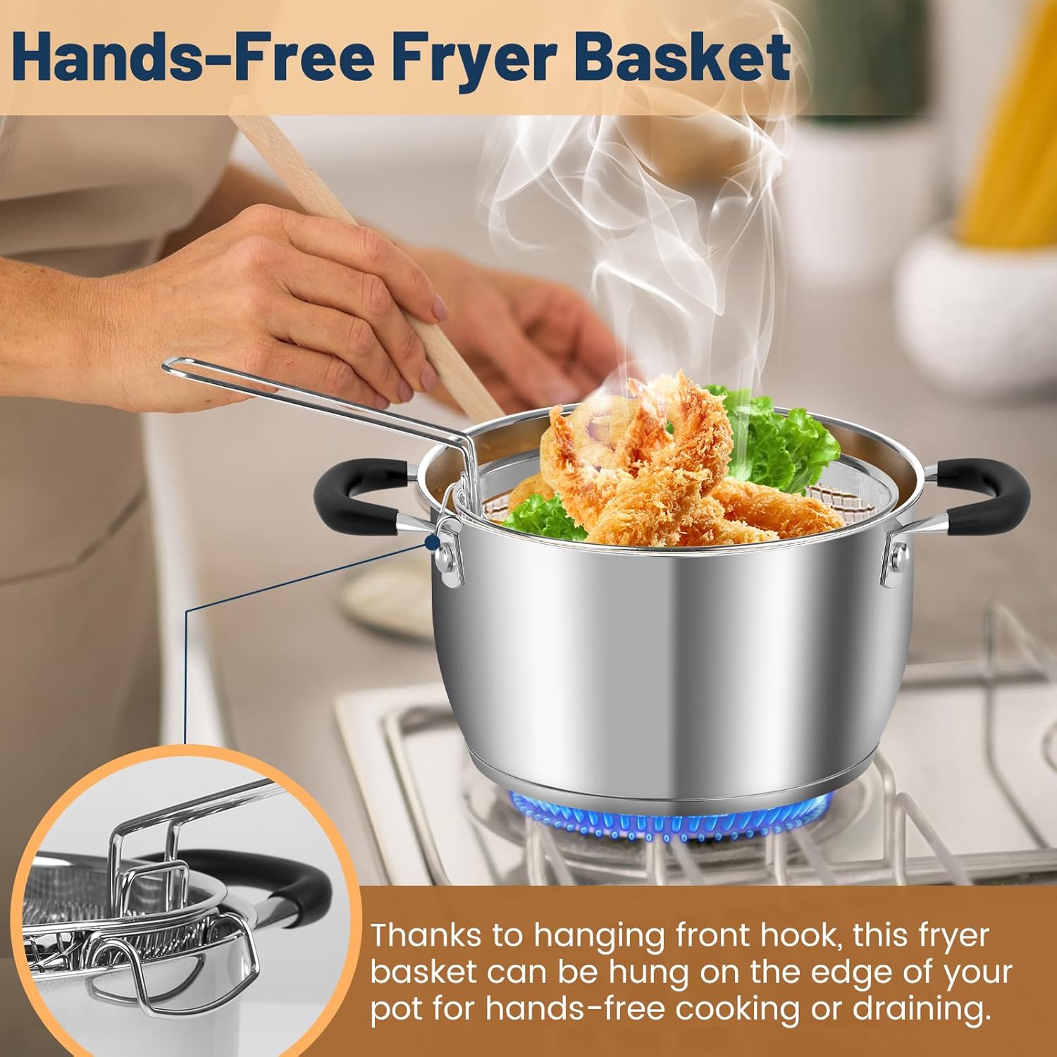 AOSION 6 Quart Stainless Steel Stock Pot with Lid, Deep Fryer Basket for Kitchen Colander Frying Cooking Steaming, 6QT Large Stock Pot for Cooking, Induction Ready, Compatible with All Stoves