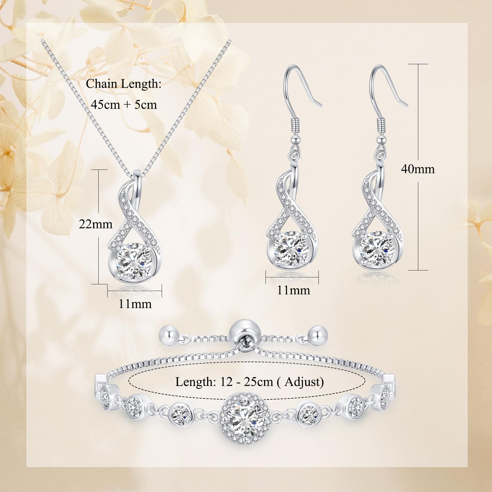 Silber Schmuck Set Damen, 925 Sterling Silber Halskette & Ohrringe & Armband Set mit AAAAA Cubic Zirkonia, Unendlichkeit Silberschmuck Damen 925 Hochzeitstag Liebesgeschenk für Braut Frauen