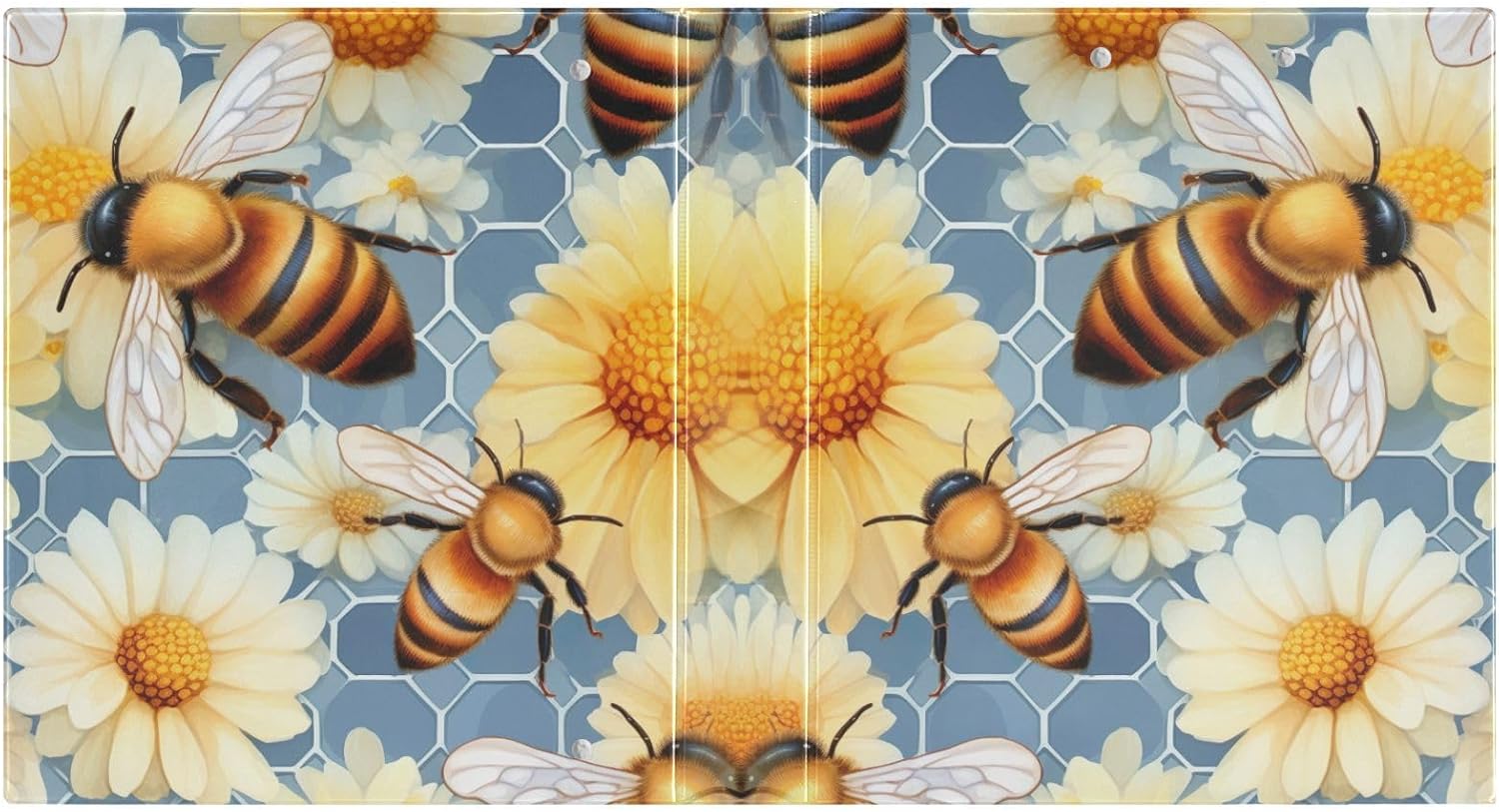 SPRIPORT Honey Bees Flowers Daisies 1.5 Inch 3 Ring Binder Holds 200 Sheets for Office Supplies PVC Round Ring Binder with Interior Clear Pockets 3 Ring Notebook Binder for Home Work Man Woman
